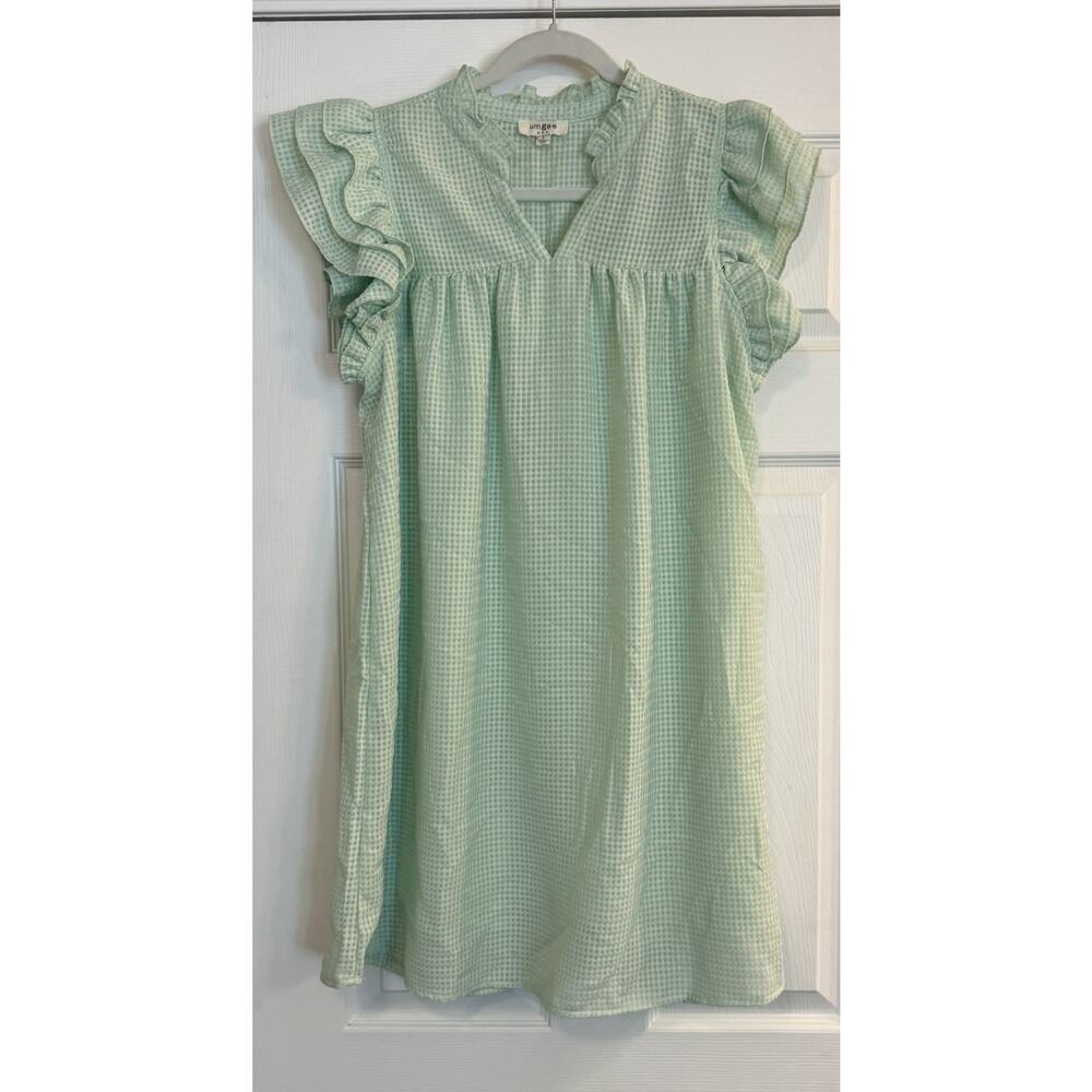 Umgee Mint Green Gingham Midi Dress with Ruffle Sleeves